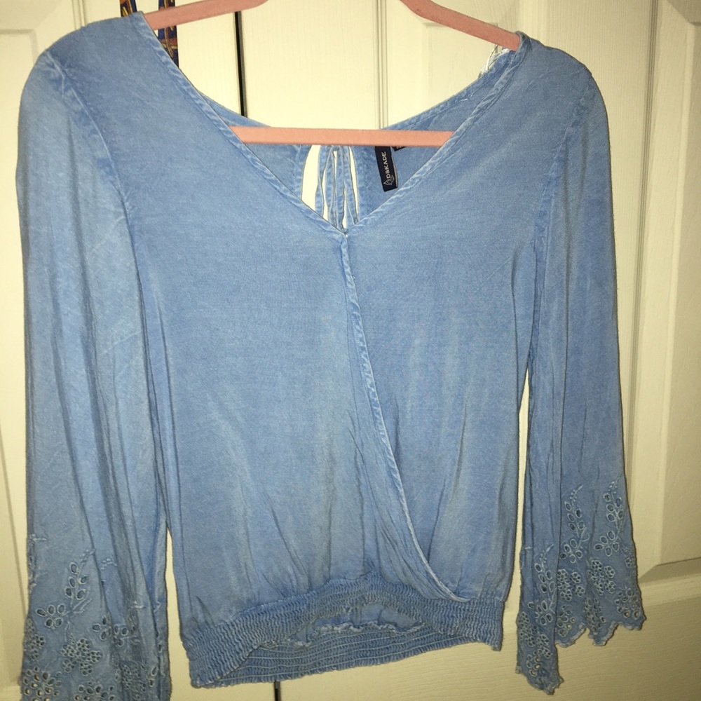 Light blue tie blouse, flower detail sleeves